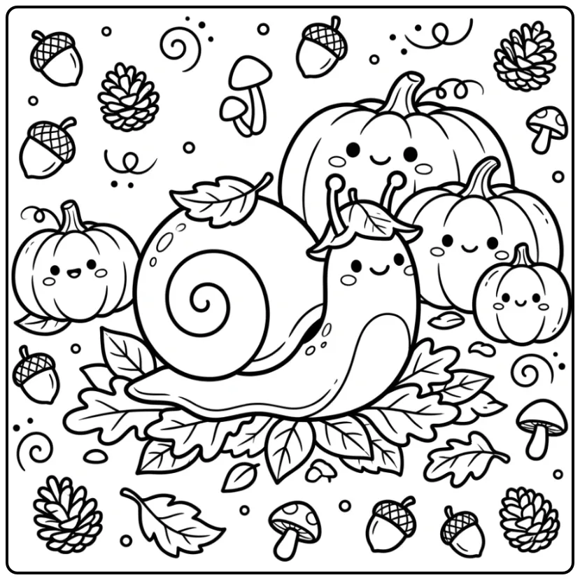 Cheerful Snail Among Leaves and Acorns coloring page