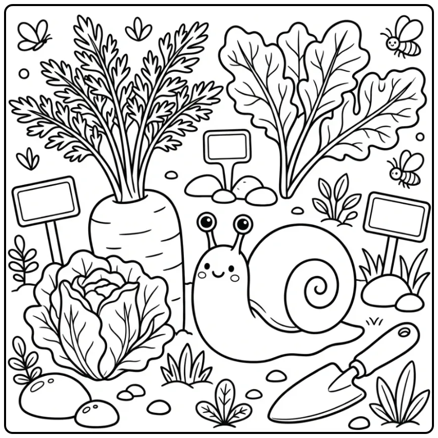 Cheerful Snail Among Lettuce and Carrots coloring page