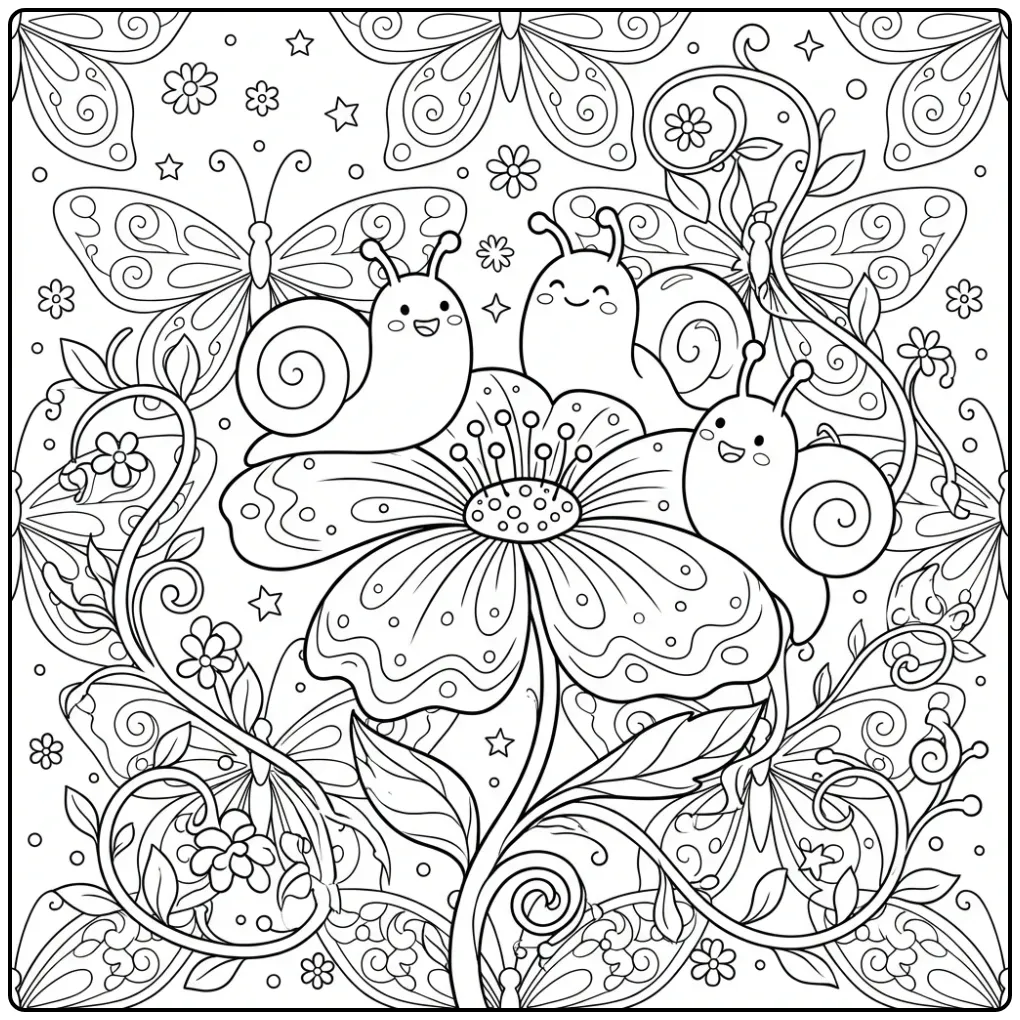 Cheerful Snail Meeting in the Garden coloring page