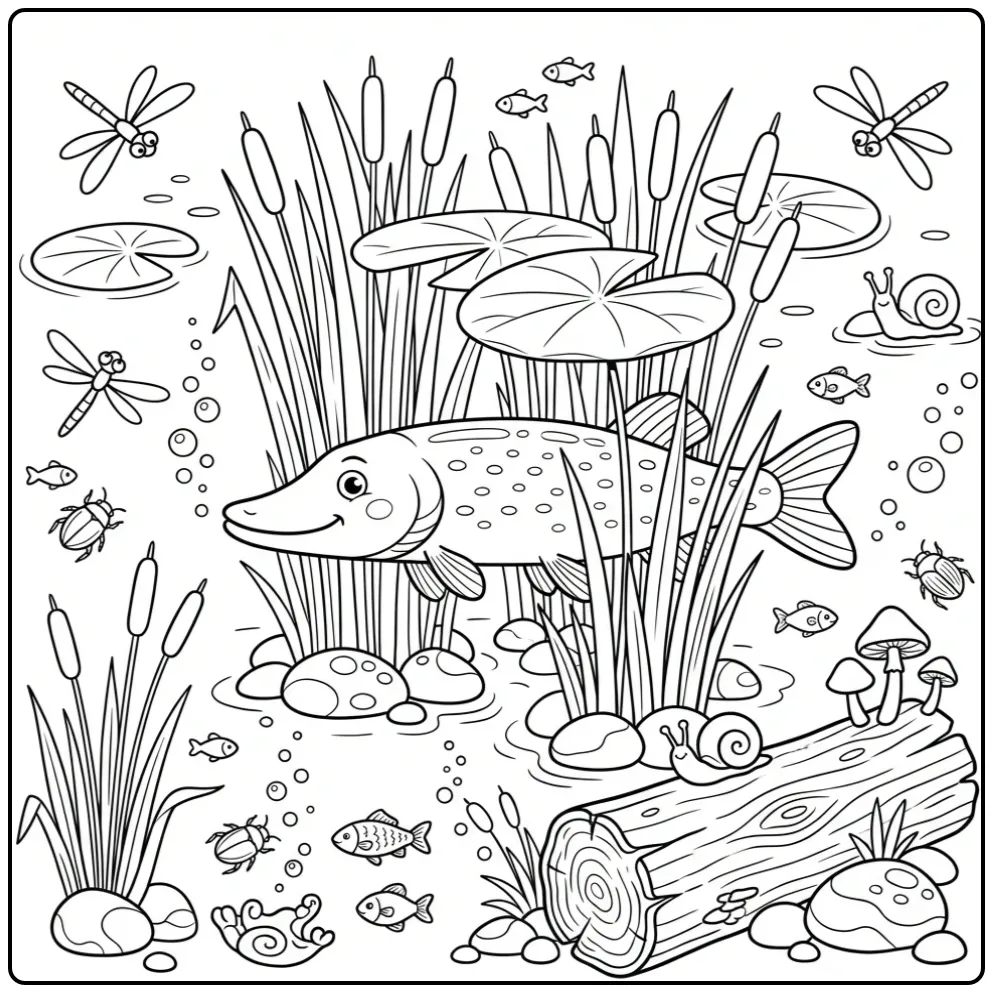 Cheerful Pike in a Natural Pond coloring page