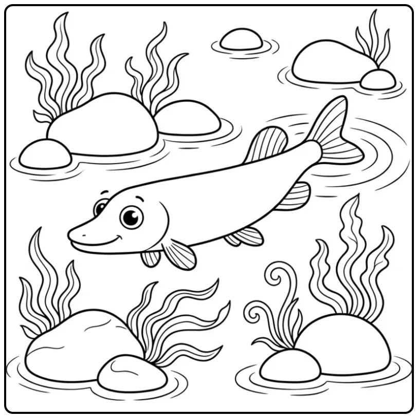 Cheerful Pike with Bubbles and Water Plants coloring page