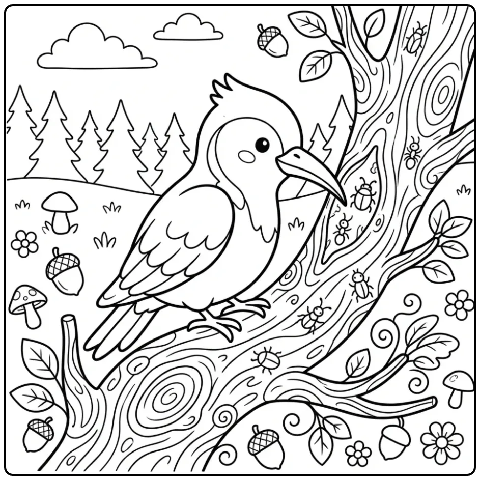 Woodpecker coloring page on a thick branch in the forest