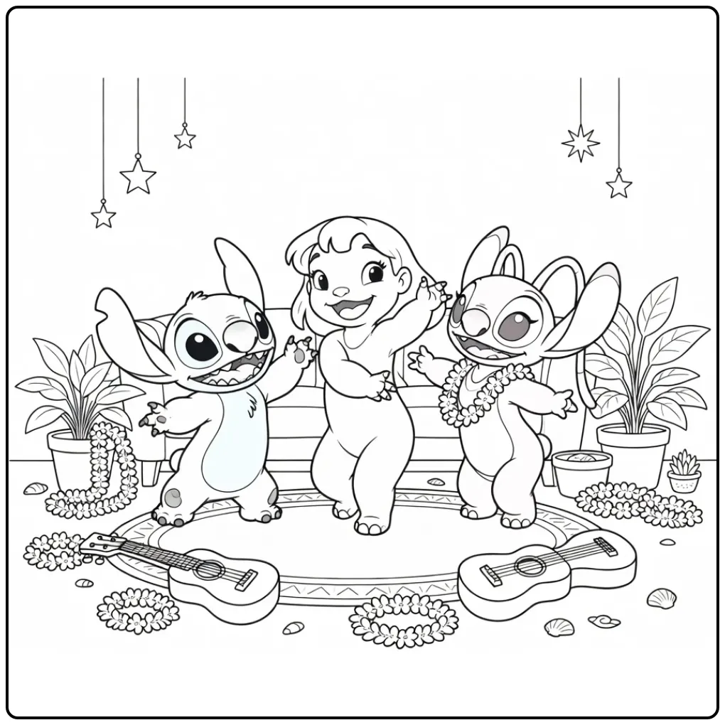 Cheerful Stitch Angel and Lilo in the Room coloring page