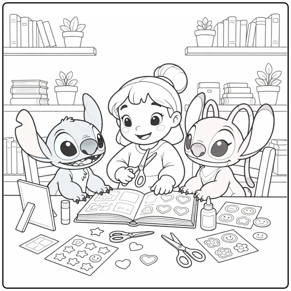 Cheerful Stitch, Angel, and Lilo Building a Scrapbook coloring page