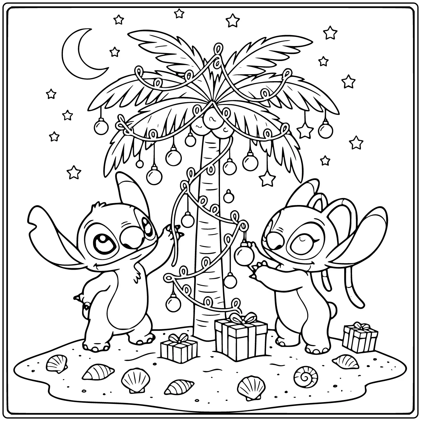 Cheerful Stitch and Angel Under the Christmas Palm Tree coloring page