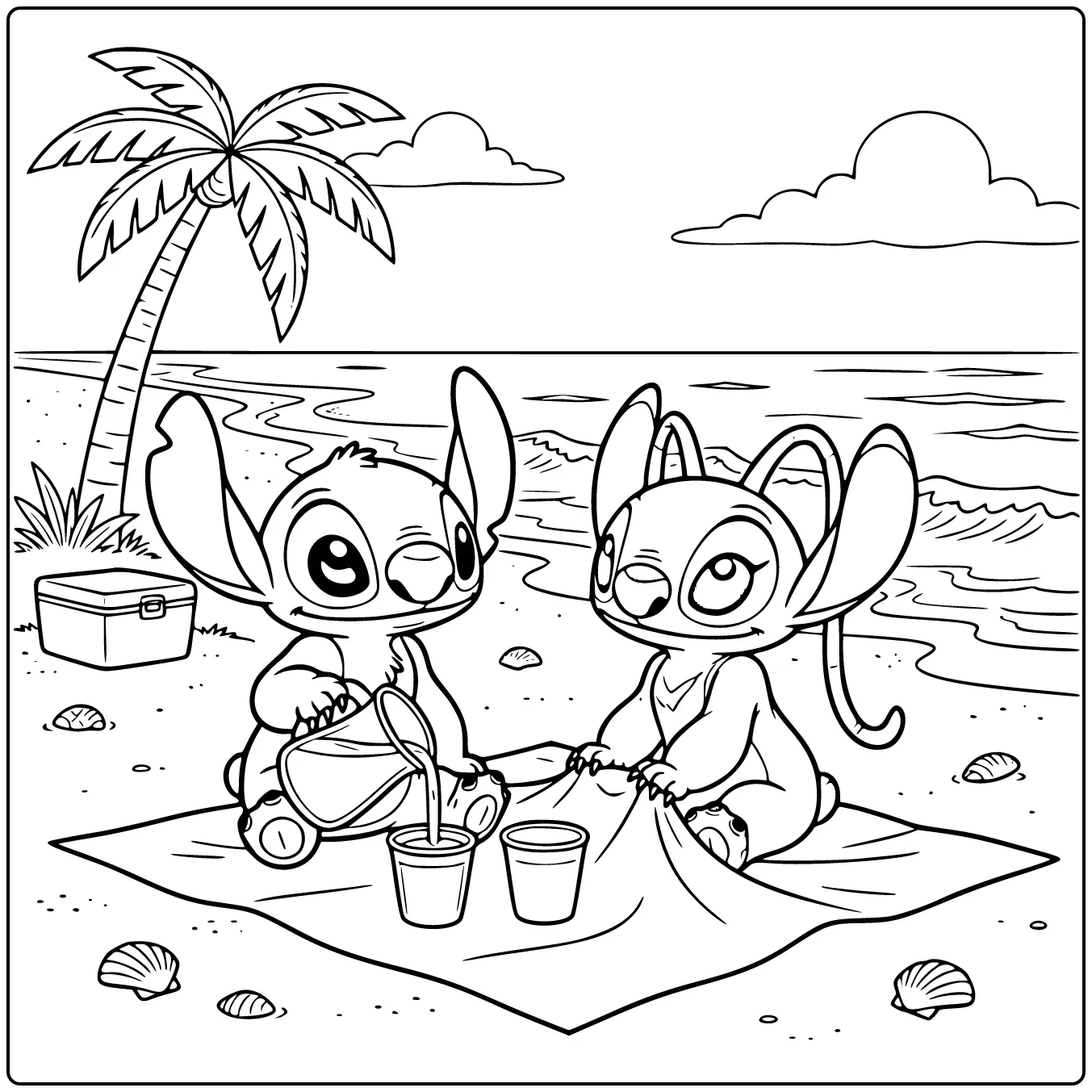 Cheerful Stitch and Angel Picnic at Sea coloring page