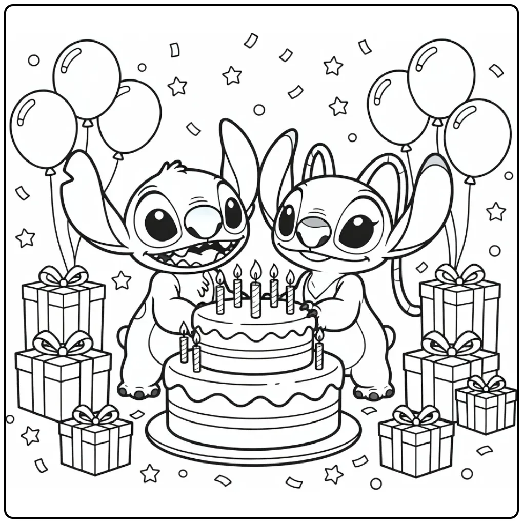 Cheerful Stitch and Angel Birthday with Cake coloring page