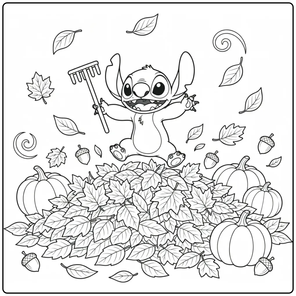 Cheerful Stitch Autumn with Pumpkins and Leaves coloring page