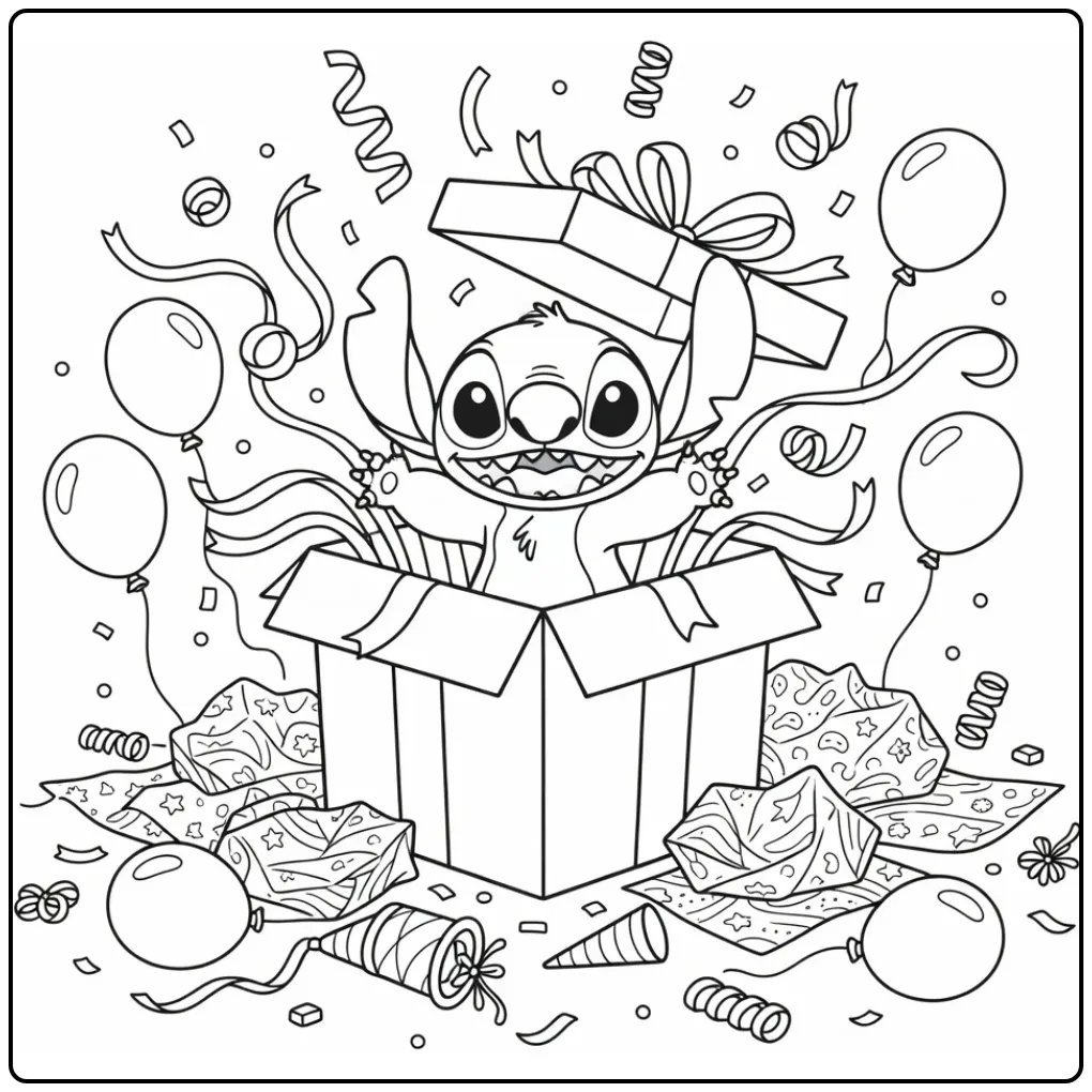 Cheerful Stitch Birthday in a Gift Box coloring page