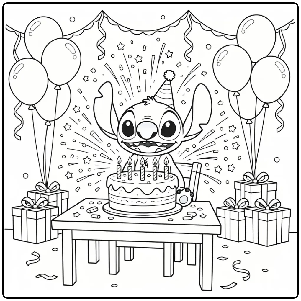 Cheerful Stitch Birthday with Party Hat coloring page