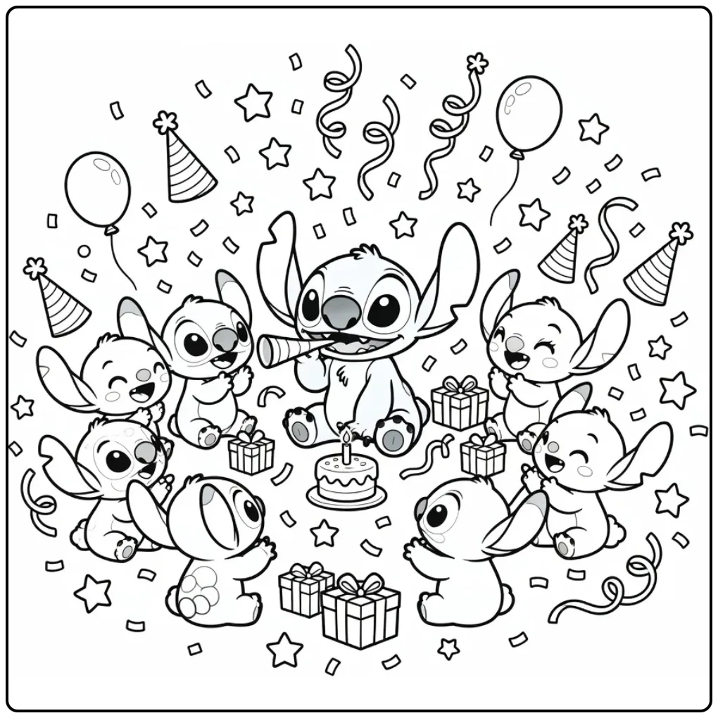 Cheerful Stitch Birthday with Party Horn coloring page