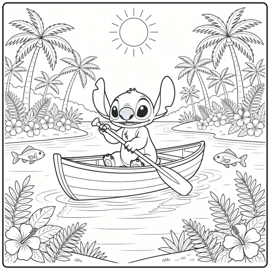 Cheerful Stitch Summer with Canoe and Fish coloring page