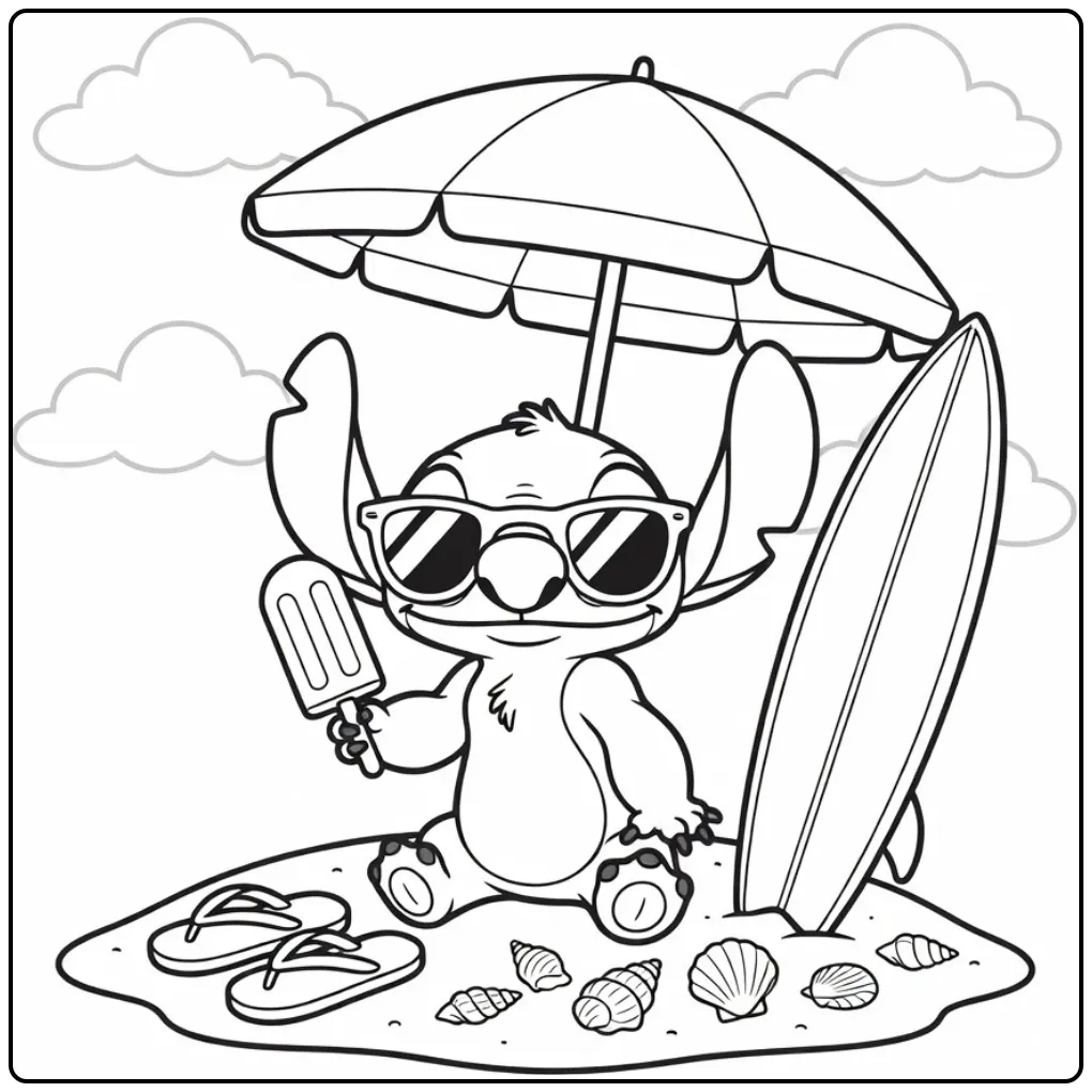 Cheerful Stitch Summer on the Beach coloring page