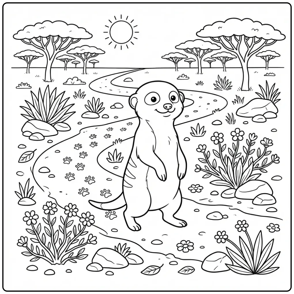 Meerkat coloring page featuring a meerkat walking in the desert