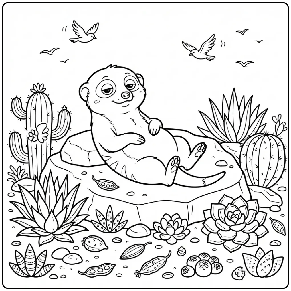 Meerkat coloring page showing a meerkat basking in the sun