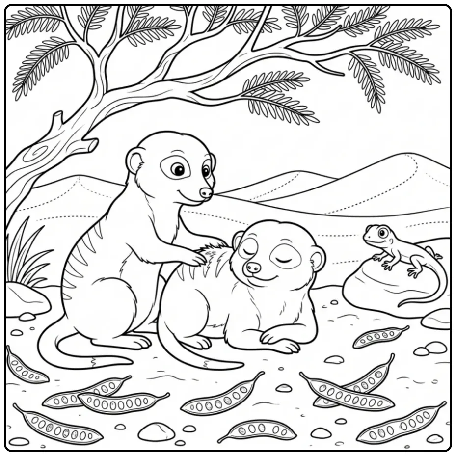 Meerkat coloring page featuring meerkats under an acacia branch