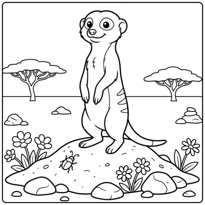 Meerkat coloring page featuring a meerkat standing guard