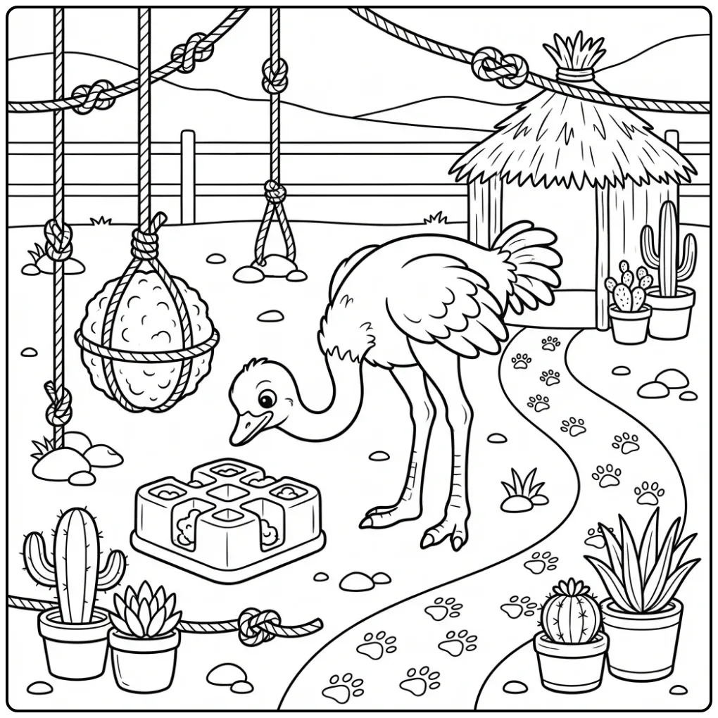 Playful ostrich coloring page with a feeder puzzle and ball