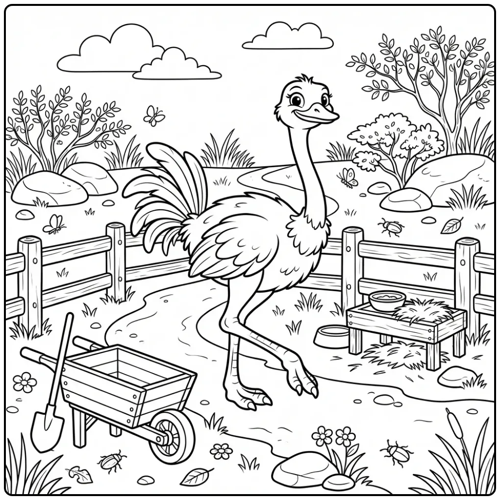 Ostrich coloring page walking beside a wooden fence