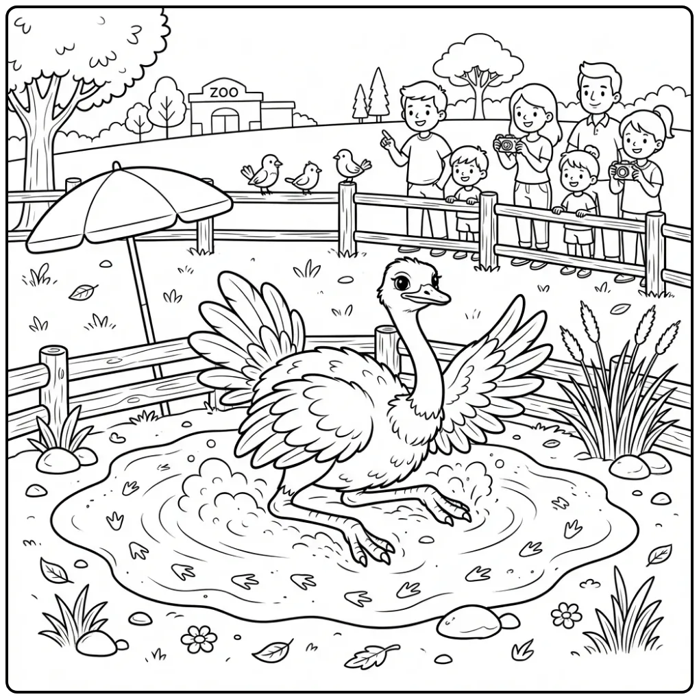 Cute ostrich coloring page taking a dust bath