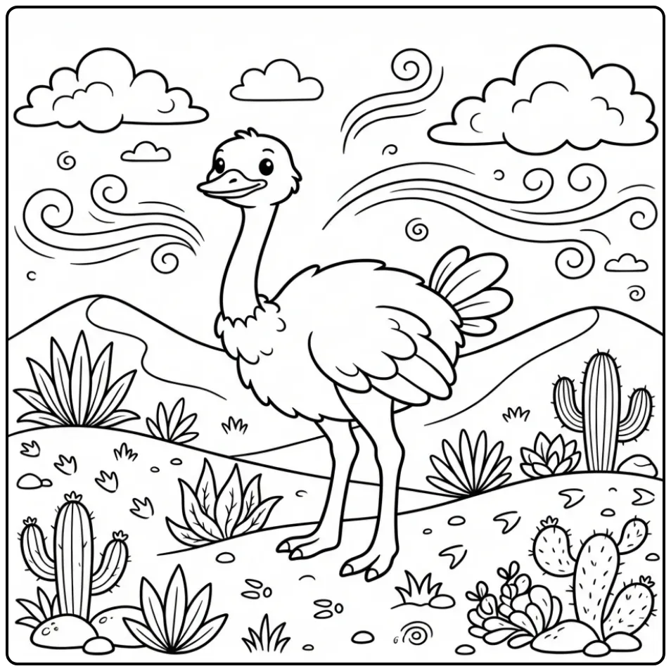 Ostrich coloring page in sand dunes