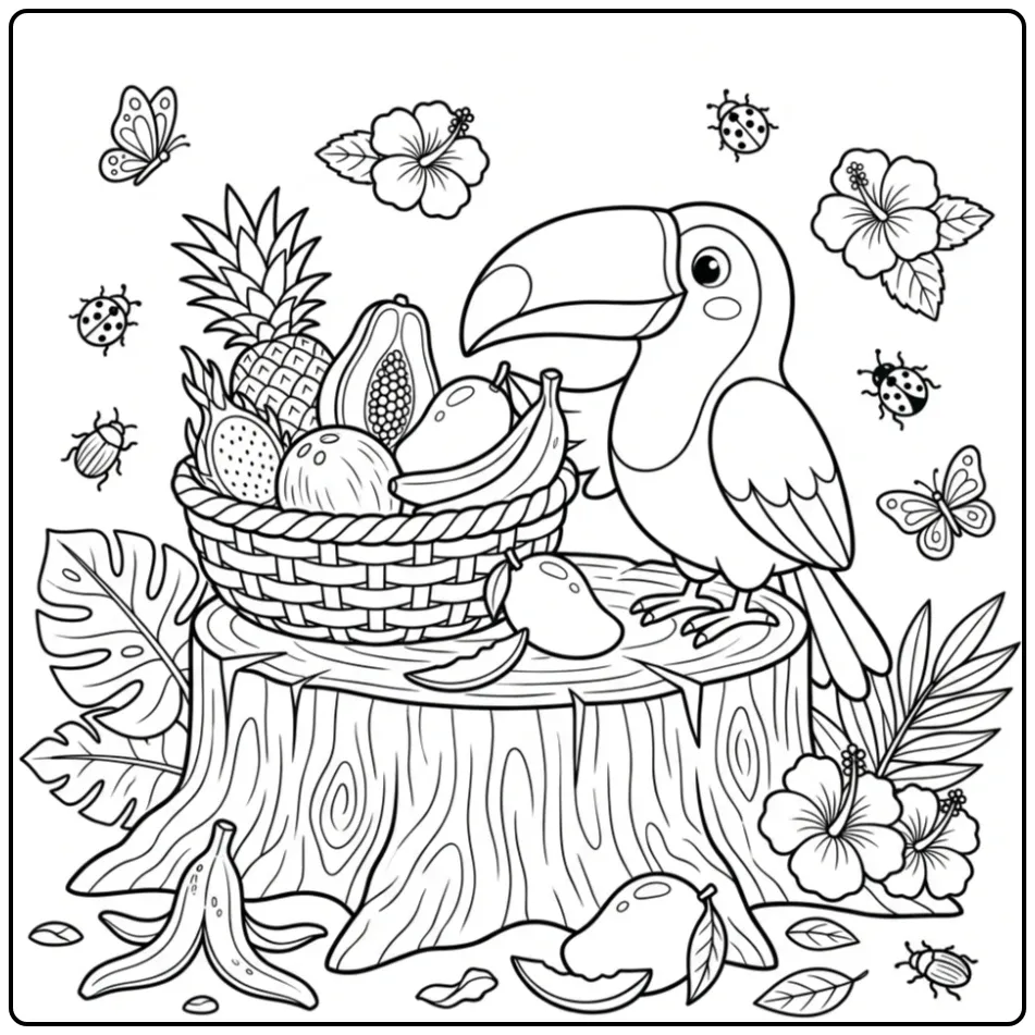 Cheerful Toucan with a Fruit Basket on Stump coloring page