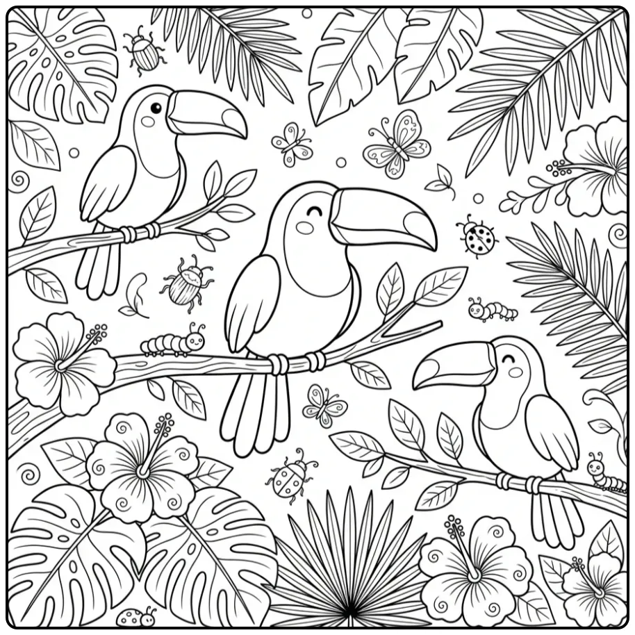 Cheerful Toucan Family on Branches coloring page