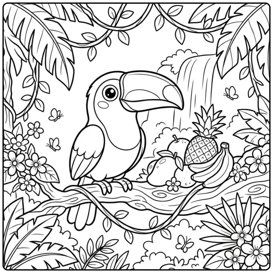 Cheerful Toucan in the Jungle with Leaves coloring page