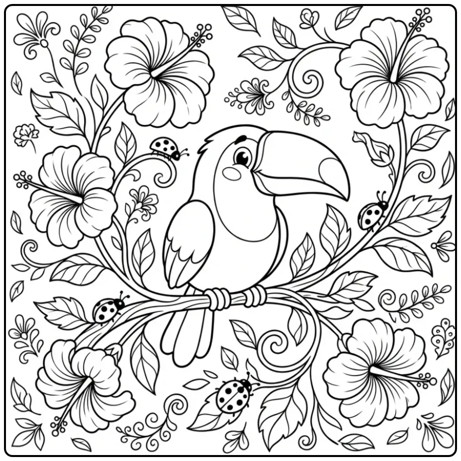 Cheerful Toucan with Flowers and Ladybugs coloring page