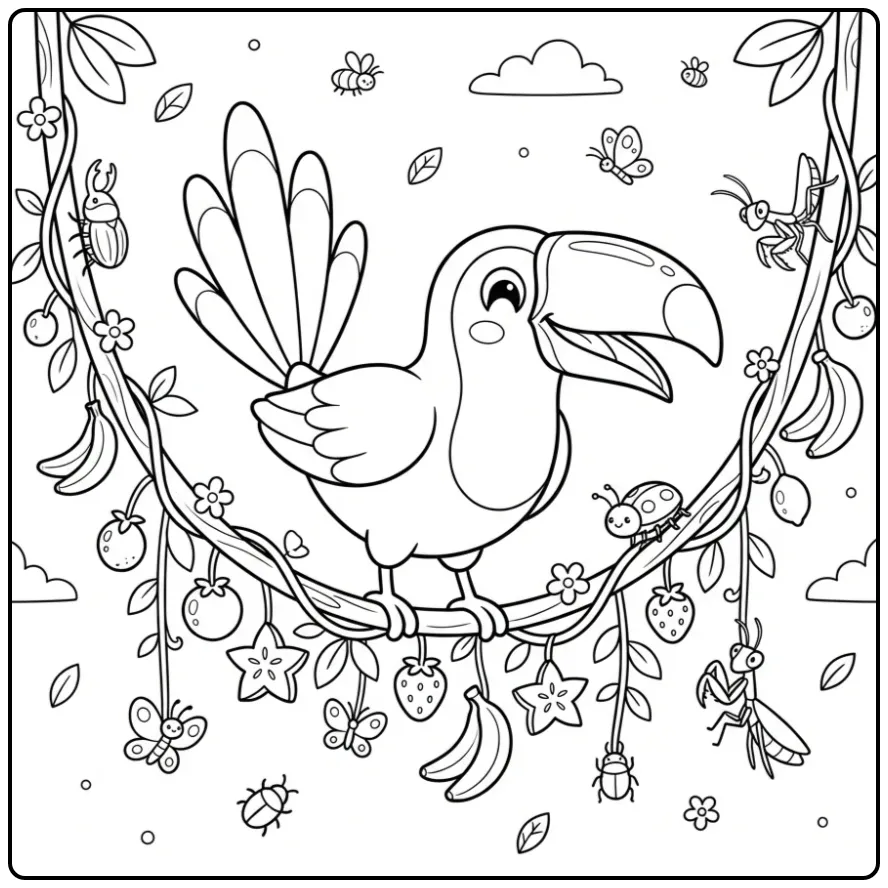 Cheerful Toucan with Fruit and Flowers coloring page