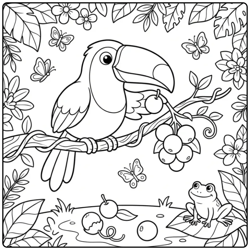 Cheerful Toucan with Fruit and Frog coloring page