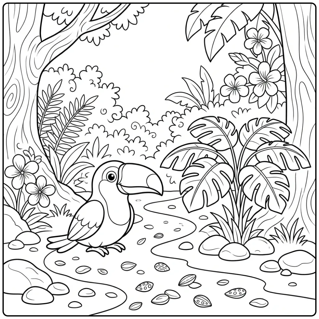 Cheerful Toucan Under a Large Umbrella Leaf coloring page
