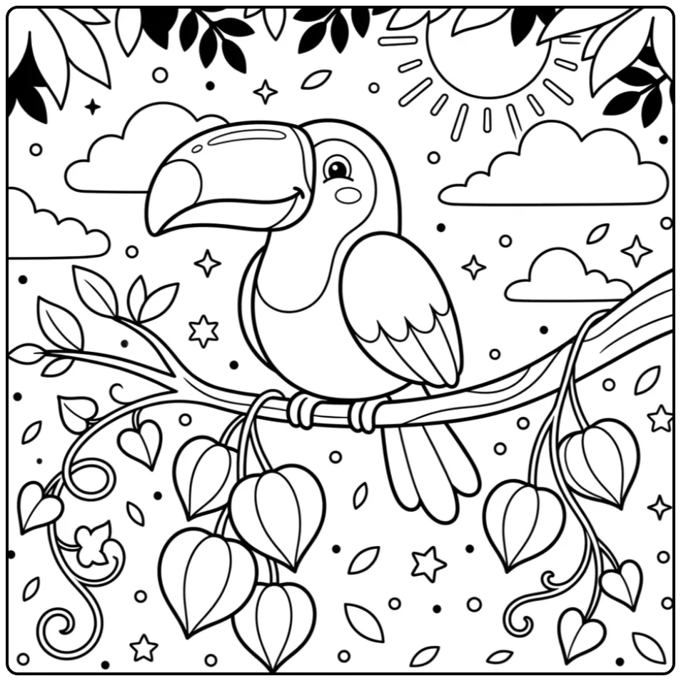 Cheerful Toucan Among Leaves and Clouds coloring page