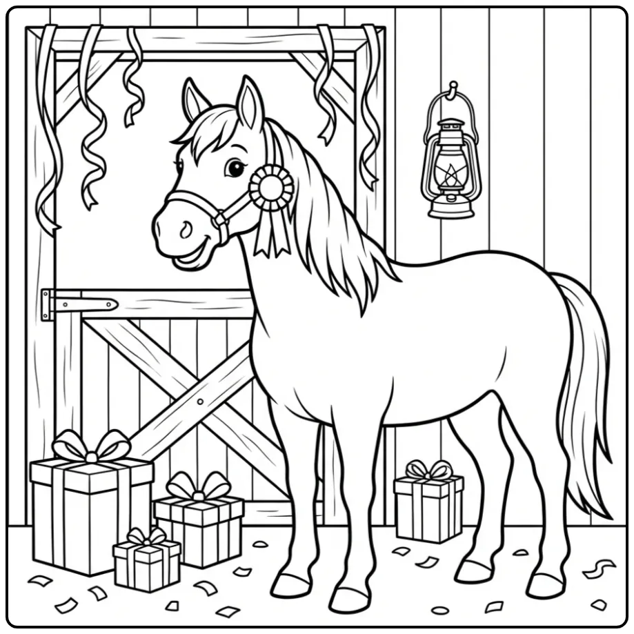 Cheerful Birthday Horse with Decorated Stable coloring page