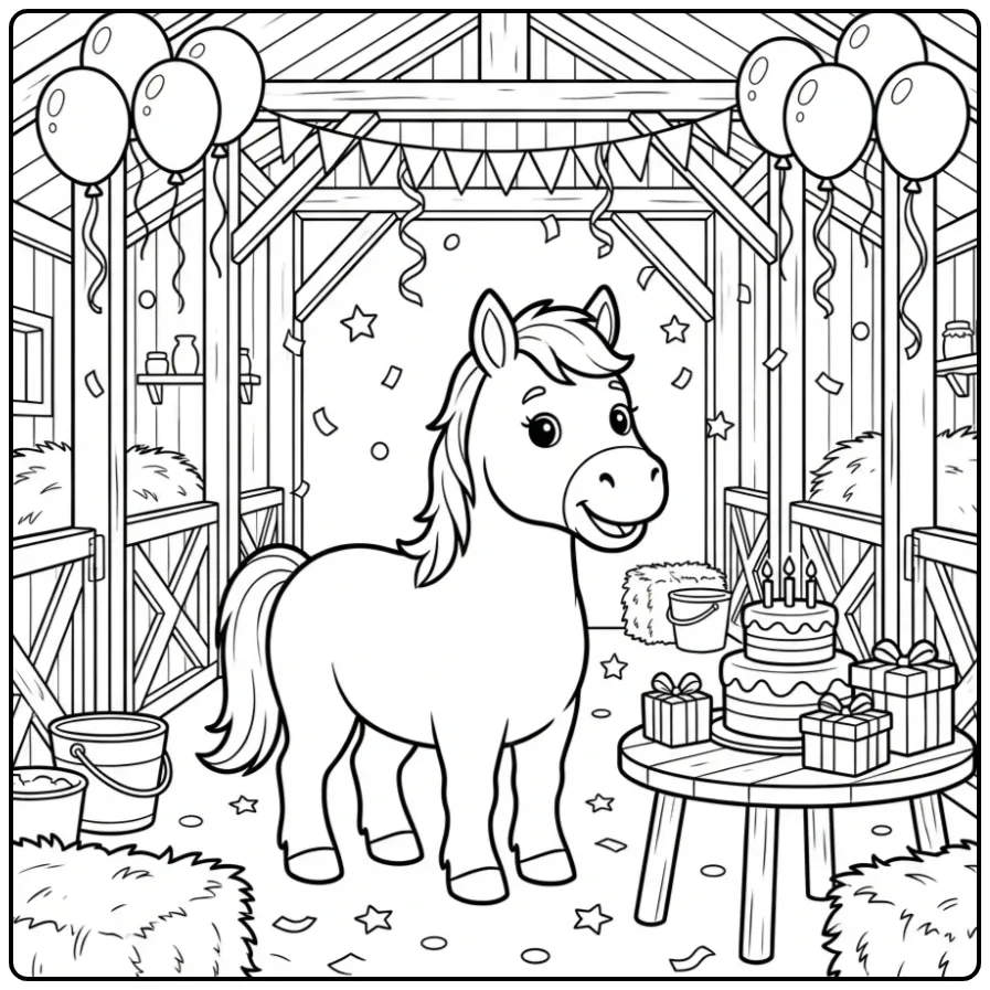 Cheerful Birthday Horse with Cake and Balloons coloring page