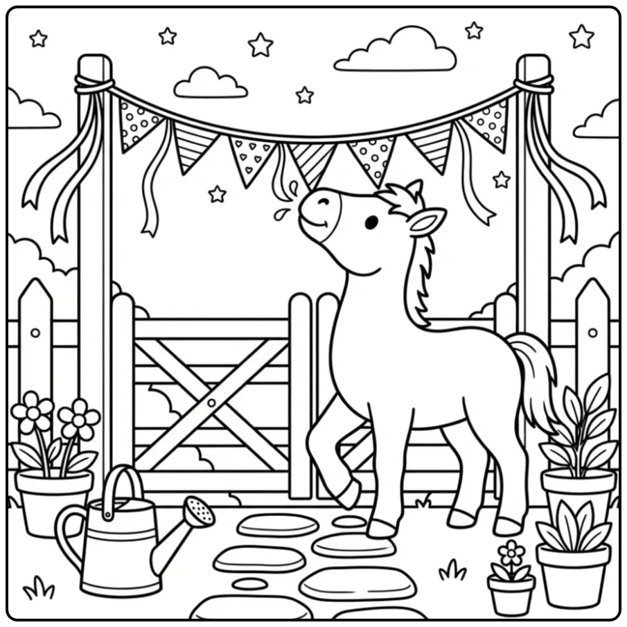 Cheerful Foal with a Decorated Farm Fence coloring page