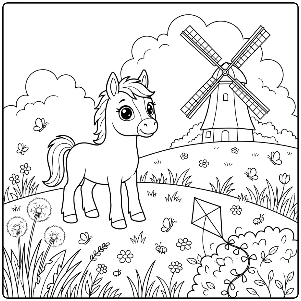 Foal coloring page on a hill with a windmill