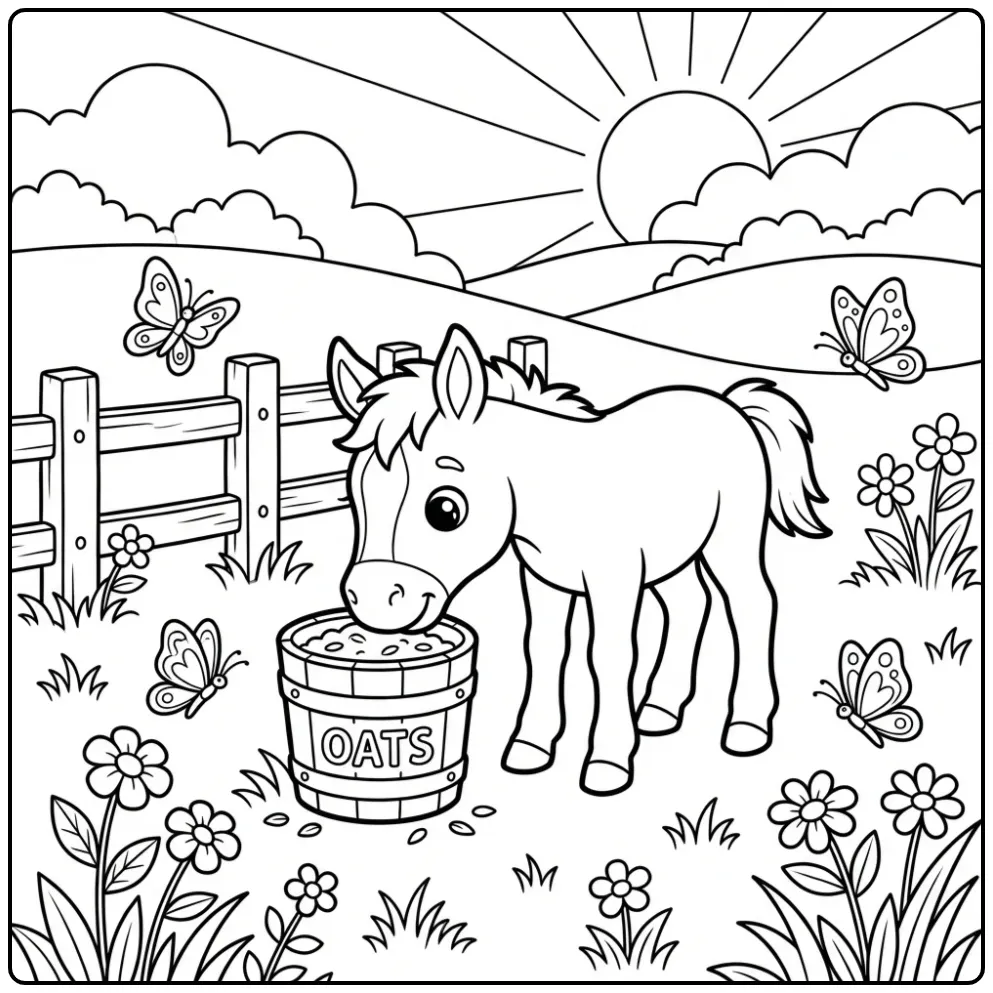 Cheerful Foal in the Meadow with Butterflies and Flowers coloring page