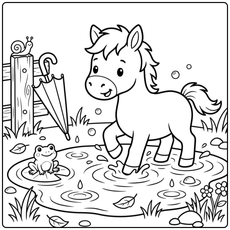Cheerful Foal in a Rain Puddle coloring page