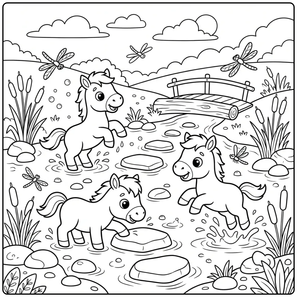 Cheerful Foals in a Small Stream coloring page