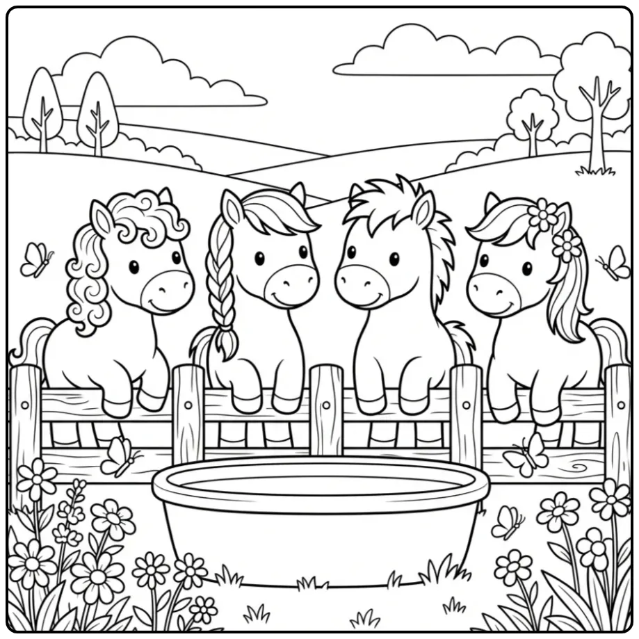 Cheerful Foals with Flowers and Butterflies coloring page