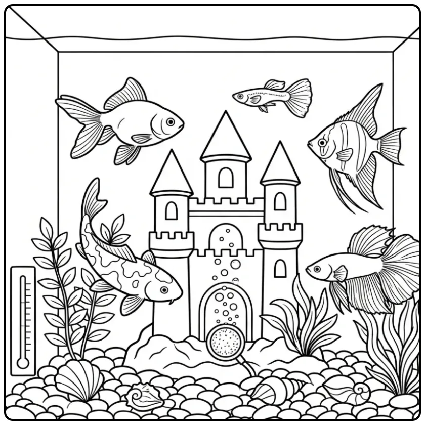 Detailed fish coloring page in an aquarium with a castle