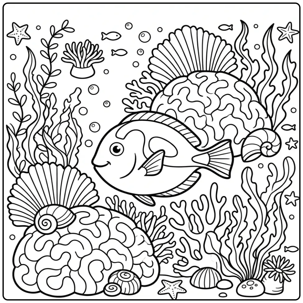 Cheerful Fish in a Beautiful Coral Garden coloring page