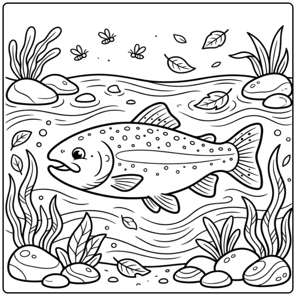 Cheerful Fish in a Quiet River Landscape coloring page