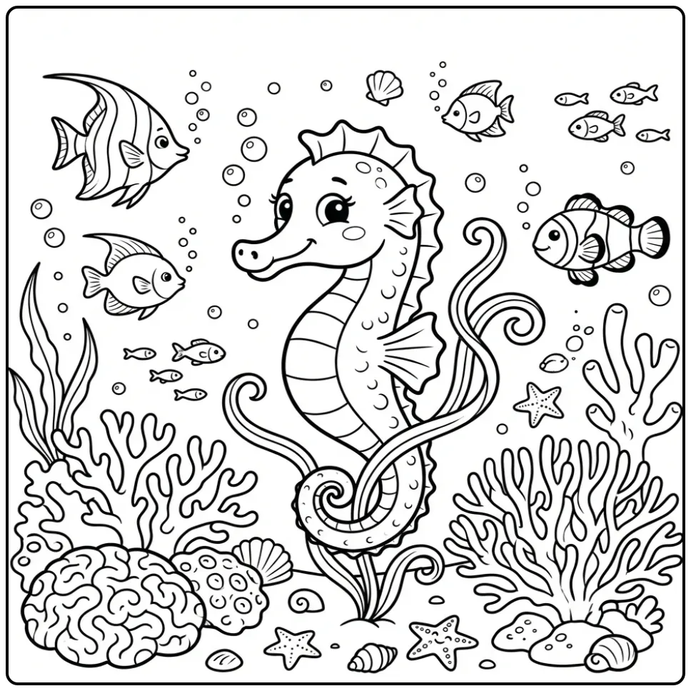 Cheerful Fish Scene with Cute Seahorse coloring page
