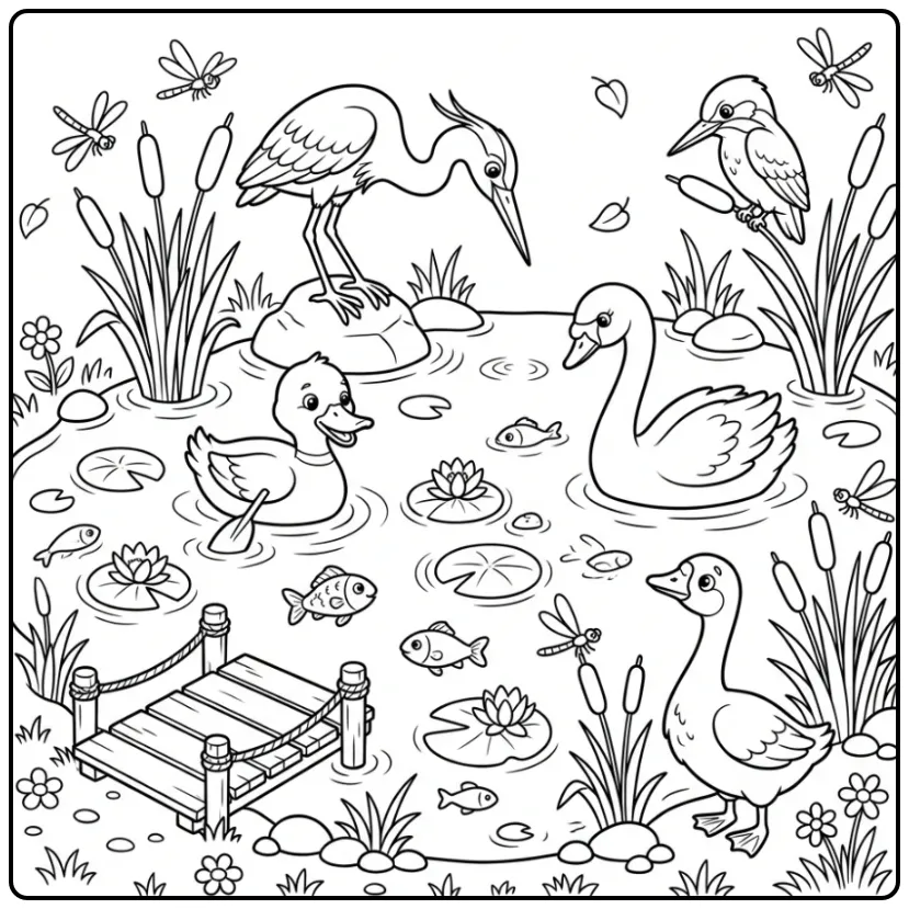 Cheerful Bird Animals with the Pond coloring page