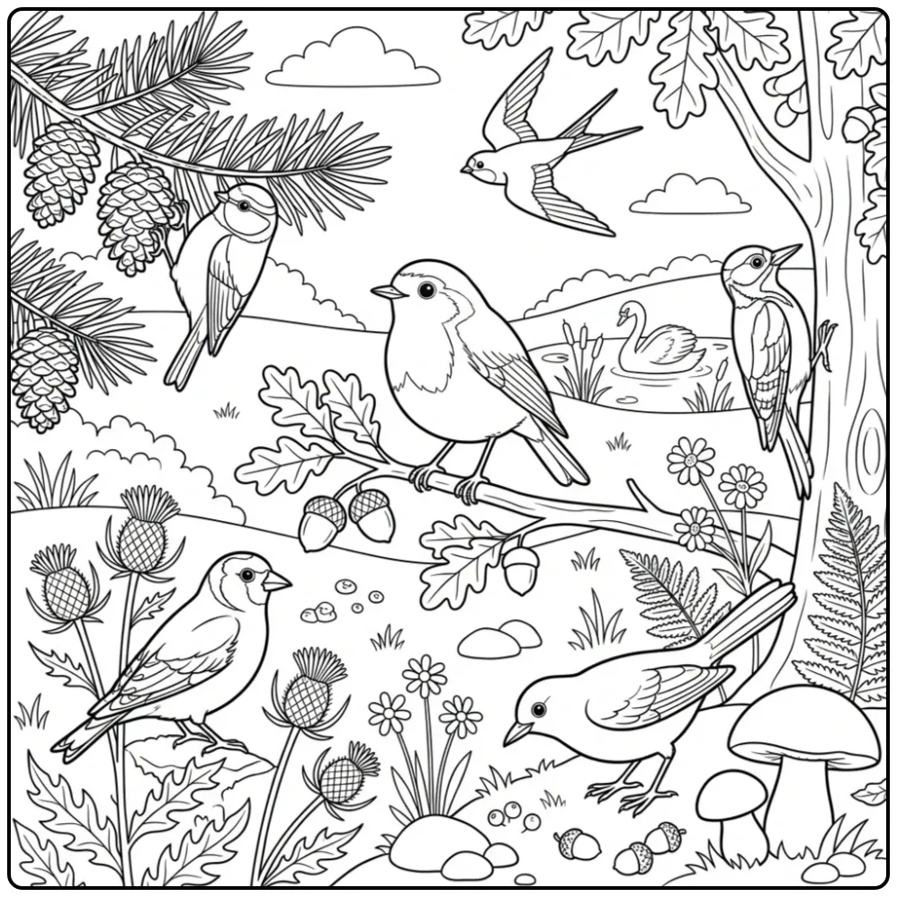 Cheerful Bird with European Forest Friends coloring page