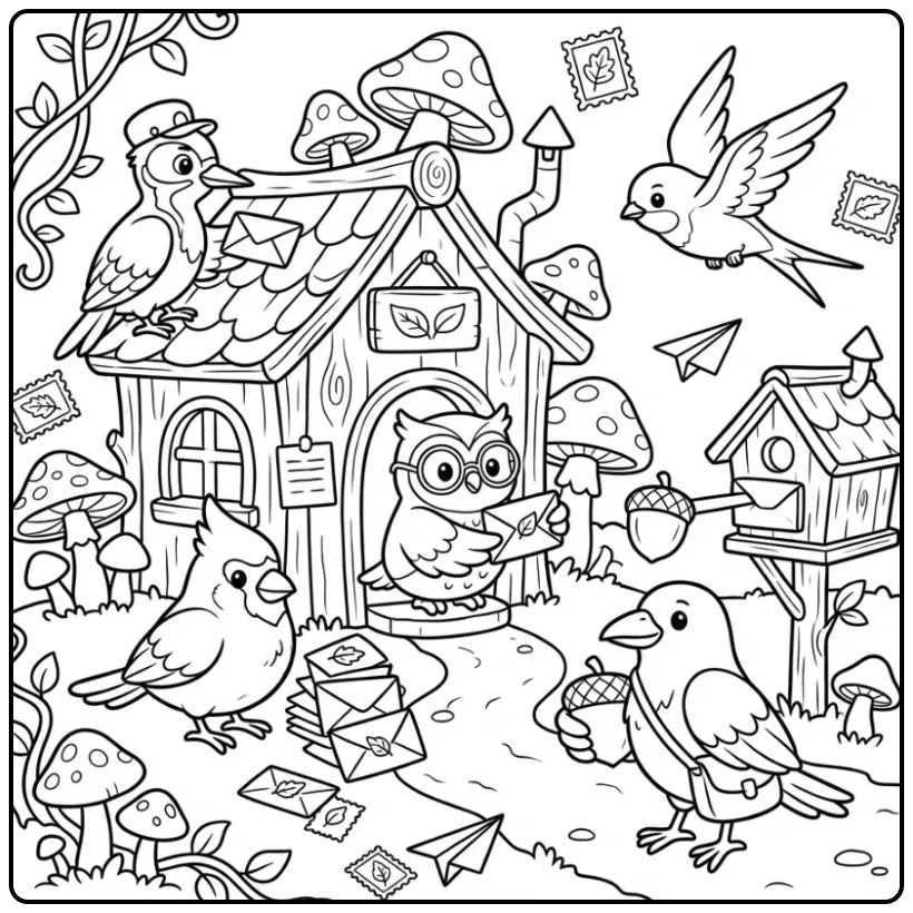 Cheerful Bird Post Office in the Forest coloring page
