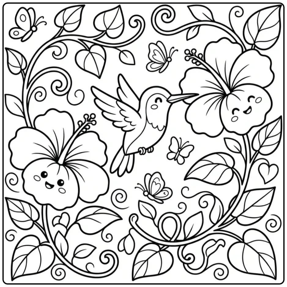 Cheerful Birds Flowers and Butterflies coloring page