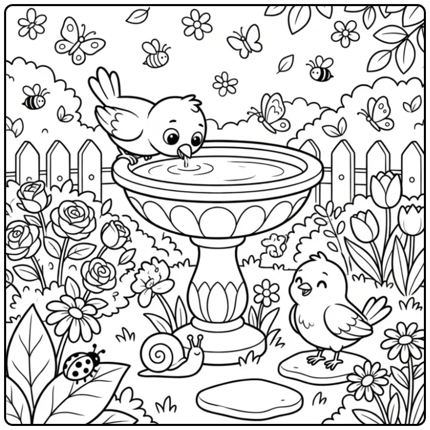 Cheerful Birds in the Garden with Flowers coloring page